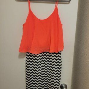 Bright Coral and Black/White Striped Dress Size S